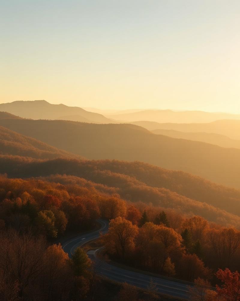 Autumn sunrise over the Blue Ridge Mountains with a winding parkway road