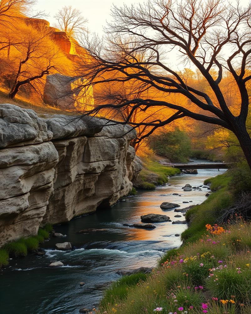 Golden evening light on limestone bluffs above a Texas Hill Country river