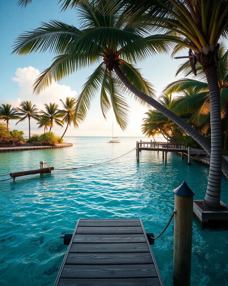 Palm trees and a wooden dock over turquoise water in the Florida Keys