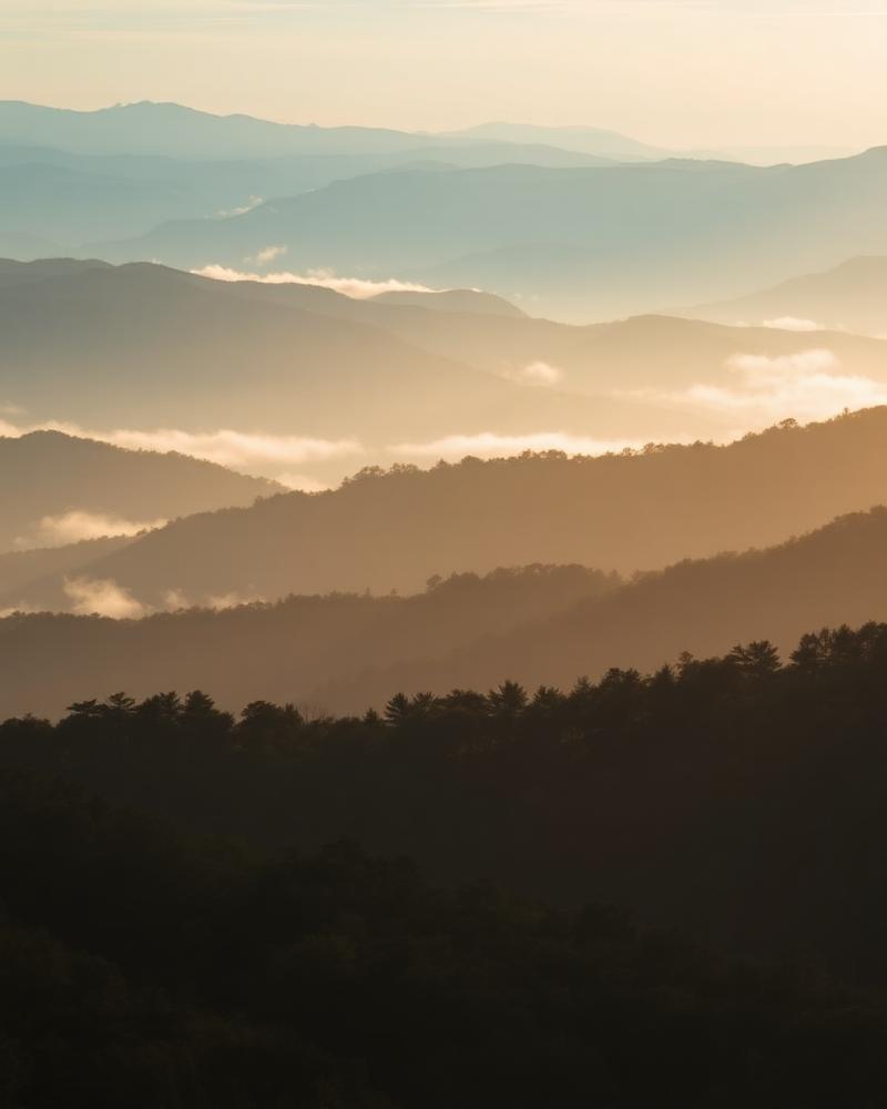 Morning fog drifting across the layered ridges of the Great Smoky Mountains
